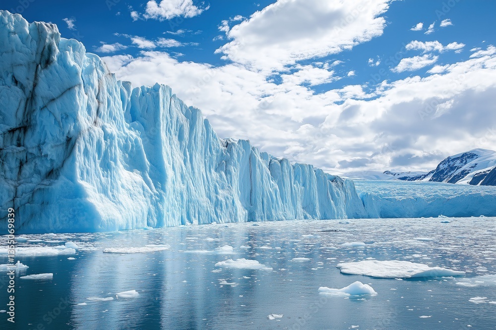 Majestic Glacier Wall with Icebergs Floating on Water under Cloudy Sky, Landscape Scenery Majestic Glacier Wall with Icebergs Floating on Water under Cloudy Sky, Landscape Scenery
