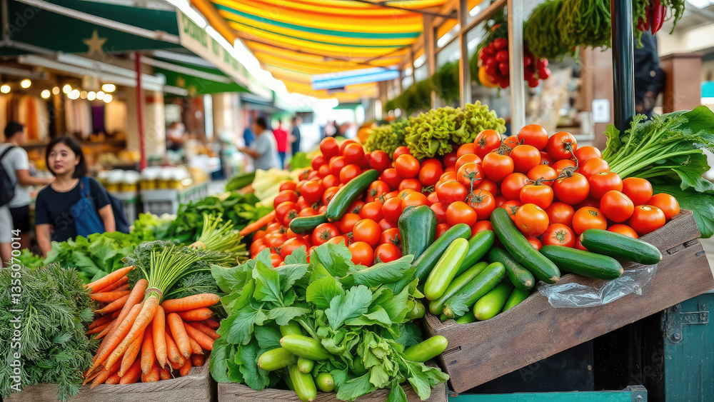 vegetables and fruits on market stall, farmers market, cucumbers, tomatoes, greens, organic food, fresh produce, grocery store