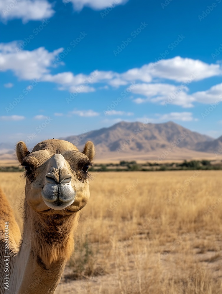Obraz premium Closeup of a friendly camel with a stunning natural background of mountains and clouds : Generative AI