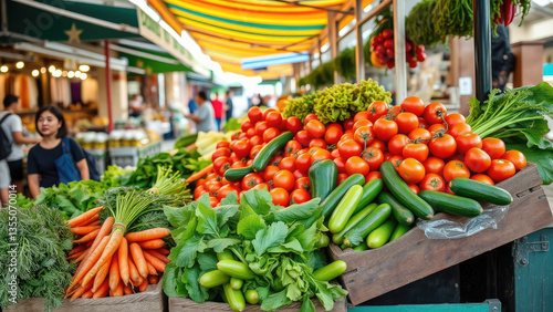 Obraz na płótnie vegetables and fruits on market stall, farmers market, cucumbers, tomatoes, greens, organic food, fresh produce, grocery store w salonie