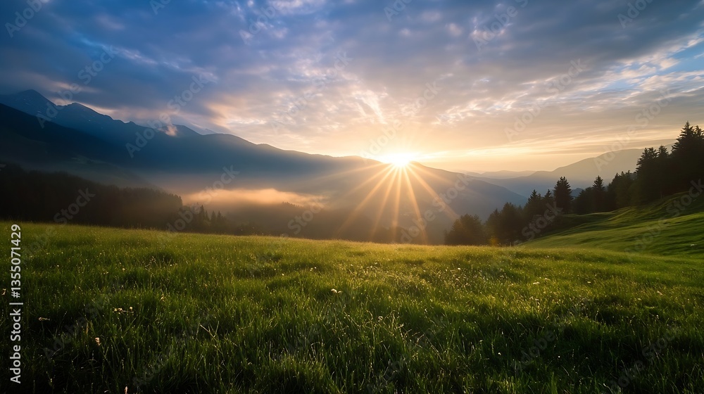 Obraz premium Stunning Sunrise Over Mountains with Lush Green Grassfield in the Foreground Highlighting Nature's Beauty : Generative AI