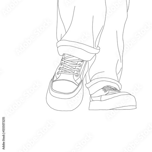 A black and white line drawing of a person wearing loose pants and sneakers, shown from the knees down, with one foot slightly forward in a walking pose.