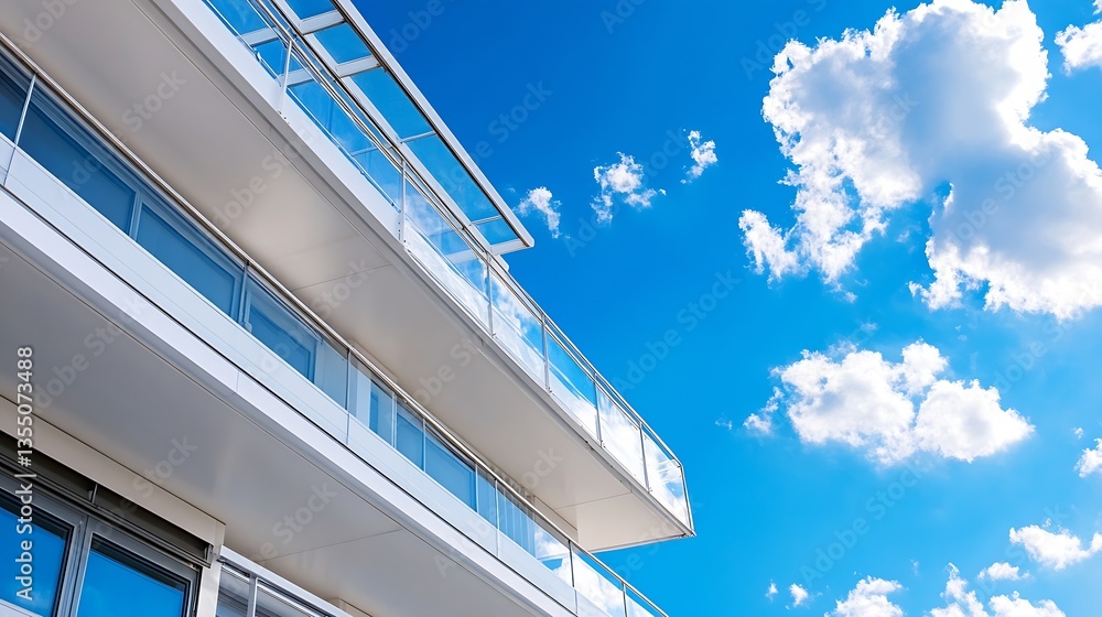 Fototapeta premium Modern apartment building with large glass windows reflecting fluffy clouds in the sky : Generative AI