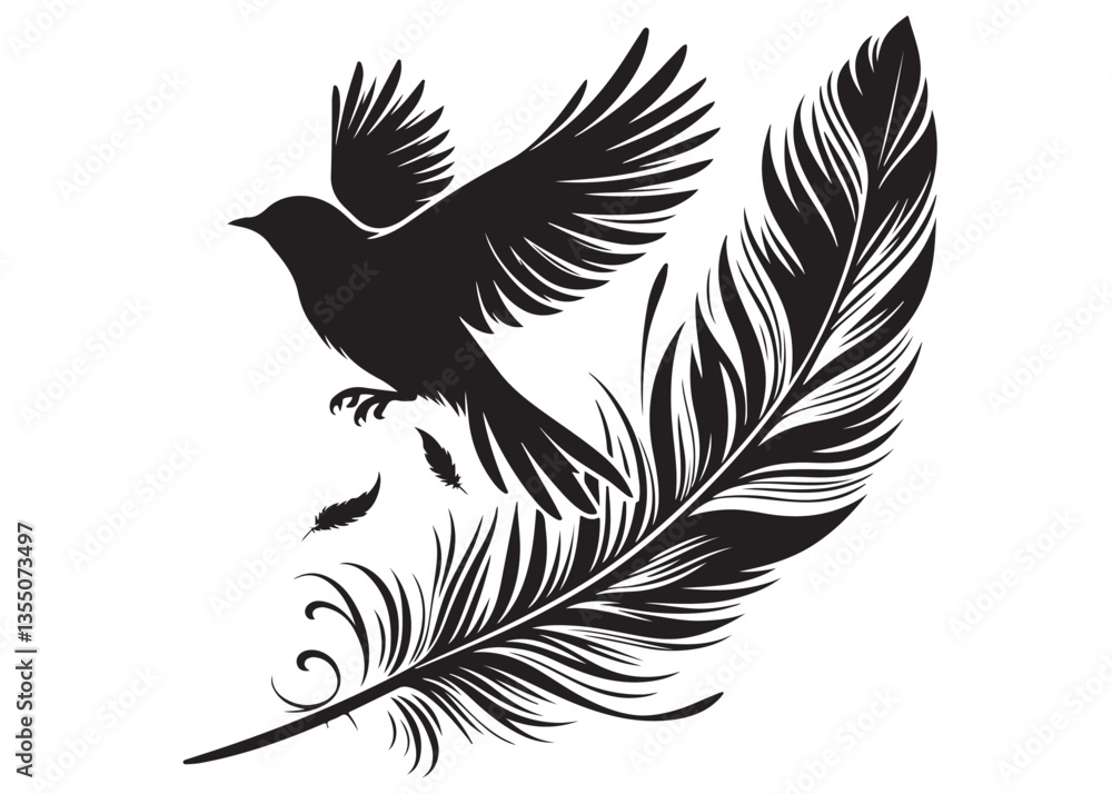 Fototapeta premium vector silhouette of a feather with flying bird logo, feather with flying bird logo icon, feather with bird logo design black animal, black feather with flying bird silhouettes on white background