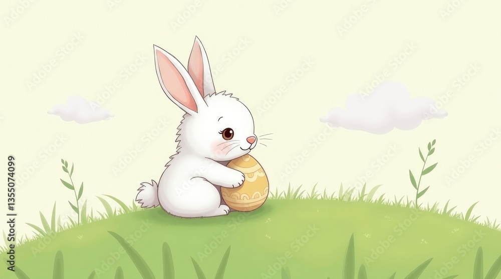 Fototapeta premium Cute Easter Bunny Sitting with an Egg in a Green Field