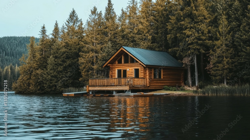 Tranquil Lakeside Retreat Rustic A-Frame Log Cabin in Forest Setting Peaceful Nature Escape in Green and Brown Hues Tranquil Lakeside Retreat Rustic A-Frame Log Cabin in Forest Setting Peaceful Nature Escape in Green and Brown Hues