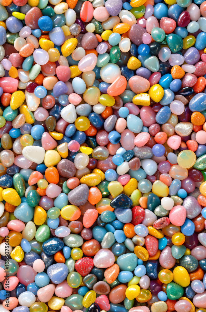 Iridescent candy pebbles a treasure chest of shimmering hues creating a joyful rainbow in macro detailed view Iridescent candy pebbles a treasure chest of shimmering hues creating a joyful rainbow in macro detailed view