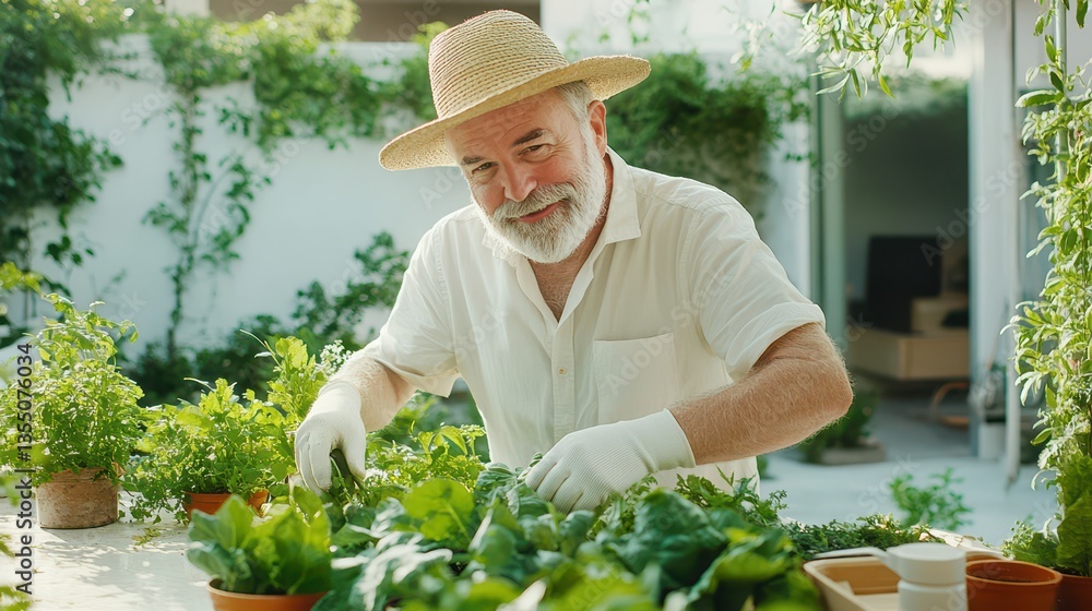 Obraz premium Garden Oasis: A seasoned gardener, exuding warmth and experience, tends his thriving garden, surrounded by an abundance of lush, vibrant plants.