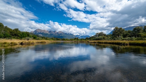 Wallpaper Mural Stunning panoramic view of a serene river surrounded by mountains and blue sky : Generative AI Torontodigital.ca