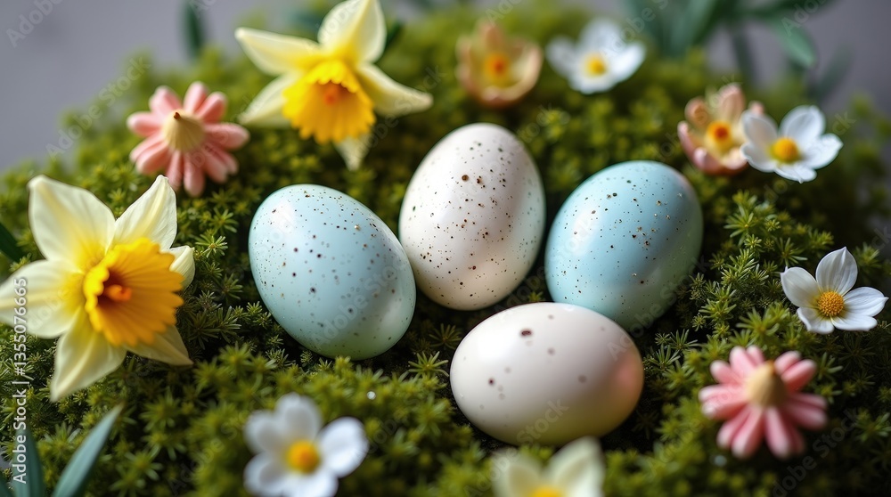 Three speckled eggs in a nest of vibrant flowers and moss. Three speckled eggs in a nest of vibrant flowers and moss.