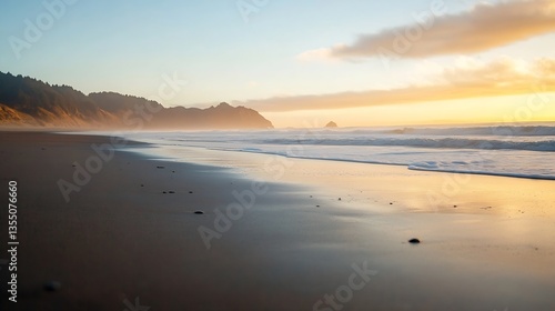 Wallpaper Mural Serene coastal landscape with gentle waves meeting the sandy beach at sunset with a picturesque horizon : Generative AI Torontodigital.ca