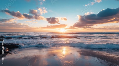 A stunning beach sunset with colorful clouds reflecting on calm ocean waves : Generative AI