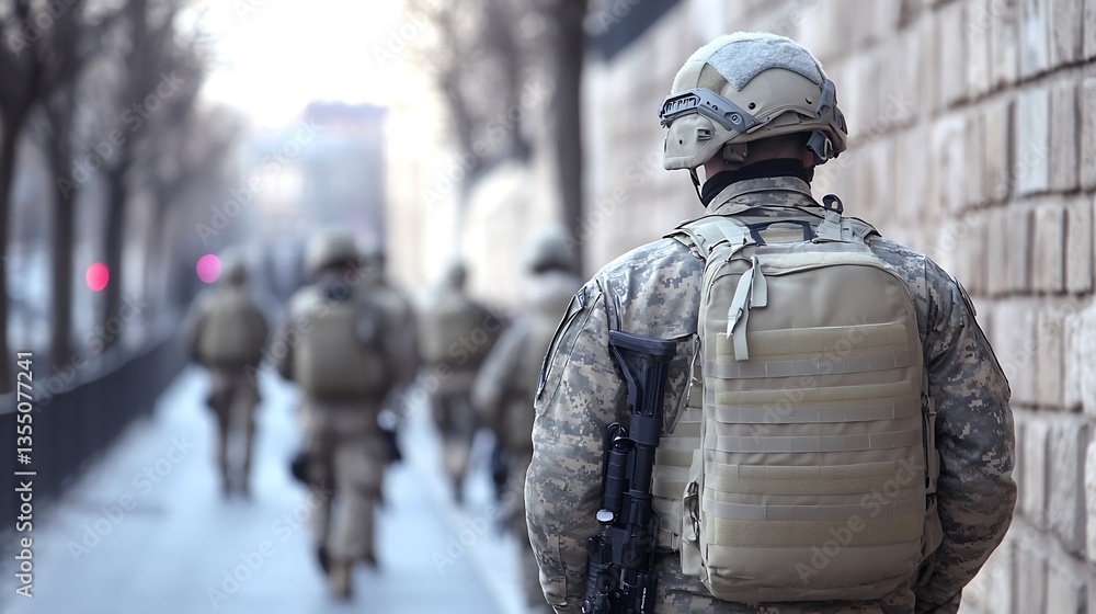 Soldier in tactical gear observing surroundings on a city street during mission : Generative AI Soldier in tactical gear observing surroundings on a city street during mission : Generative AI