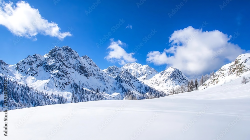 Obraz premium Majestic SnowCovered Mountains Under a Bright Blue Sky with Clouds : Generative AI