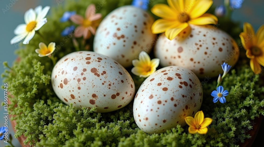 Three speckled eggs in a nest of vibrant flowers and moss. Three speckled eggs in a nest of vibrant flowers and moss.