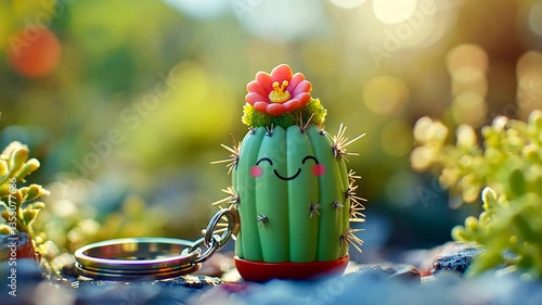 Adorable cactus keychain with a cheerful smile and a bright flower against a vibrant backdrop