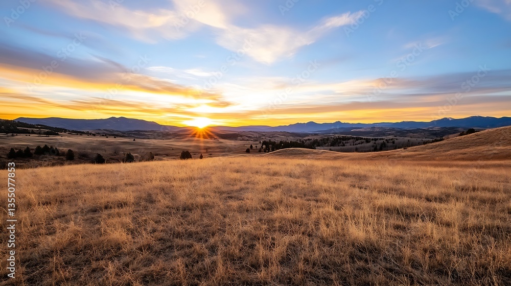 Obraz premium Stunning Sunset Over Rolling Hills in a Golden Landscape of Nature : Generative AI