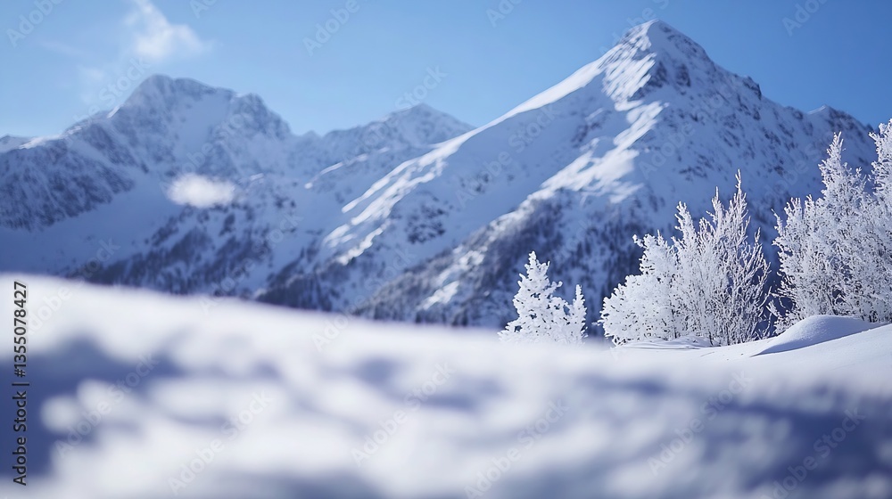 Obraz premium Stunning SnowCapped Mountain Range Illuminated by Bright Blue Sky and Frozen Trees in Winter Wonder : Generative AI