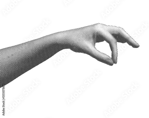 Womans hand pinching salt with thumb and finger, ready to add spice or condiment. Gesture of sprinkling, presenting an item or gift. Vector illustration isolated on white background