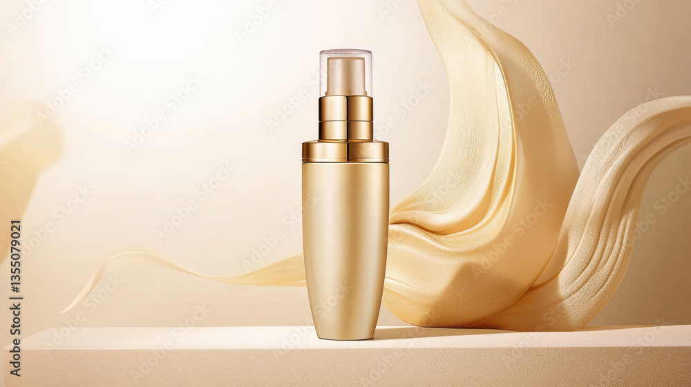 Naklejka premium Elegant Gold Cosmetic Bottle on Beige Textured Surface