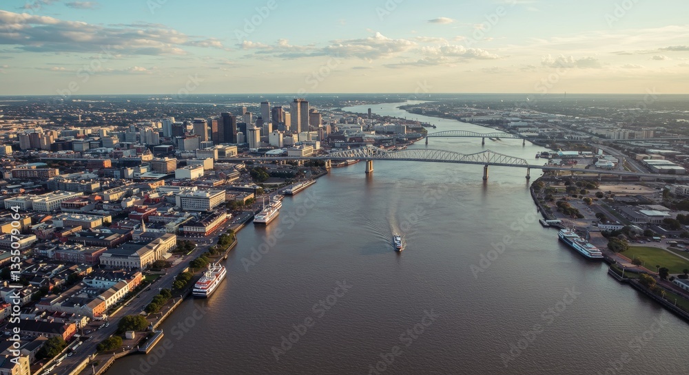 Fototapeta premium Aerial View of Cityscape and River - Stunning aerial shot of a city skyline at sunset