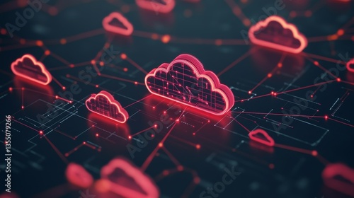 A futuristic representation of cloud computing with red glowing cloud icons connected across a dark digital network background. This image illustrates modern technology concepts such as data storage