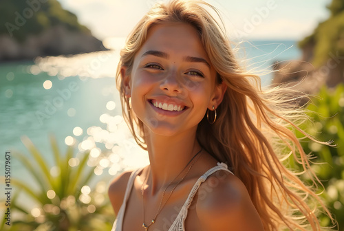 Happy model enjoying summer vacation at tropical resort