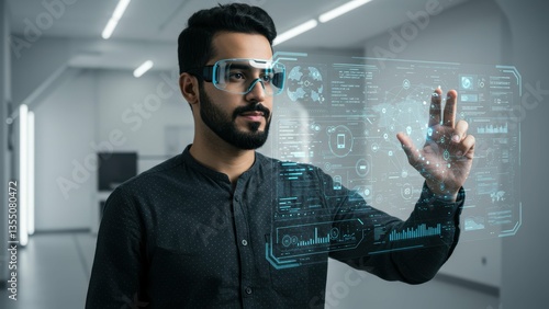 Indian man interacts with virtual display in modern office. He uses future technology for data analysis, innovation, virtual reality, touching holographic interface.