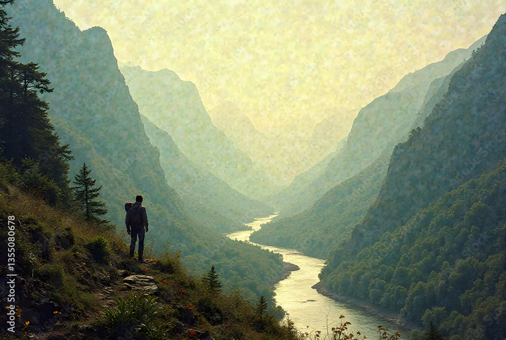 Naklejka premium Backpacker enjoying majestic mountain valley view with winding river