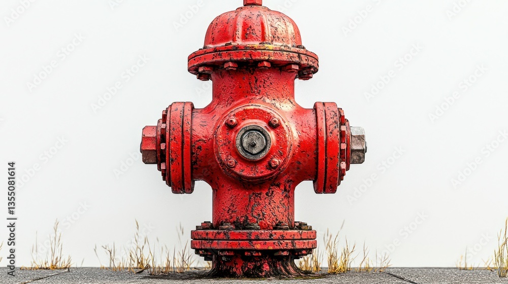 Fototapeta premium Weathered red fire hydrant, urban wall, grass, safety