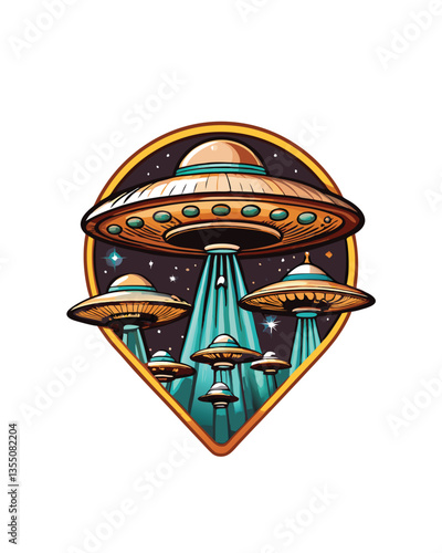 Retro-futuristic illustration of a 1950s-style alien invasion featuring multiple UFOs and flying saucers attacking a city.