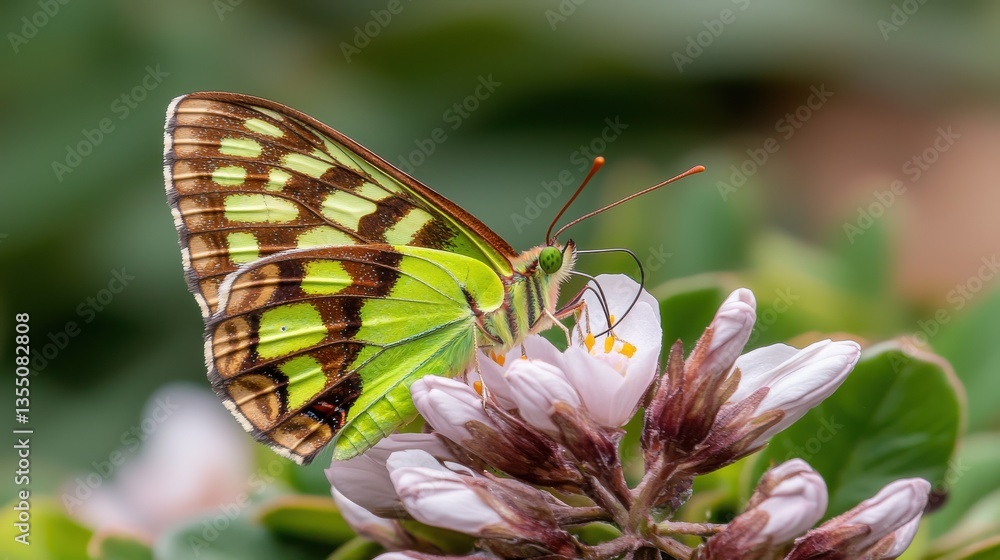 Green and Brown Butterfly on Pink Flowers Close Up Green and Brown Butterfly on Pink Flowers Close Up