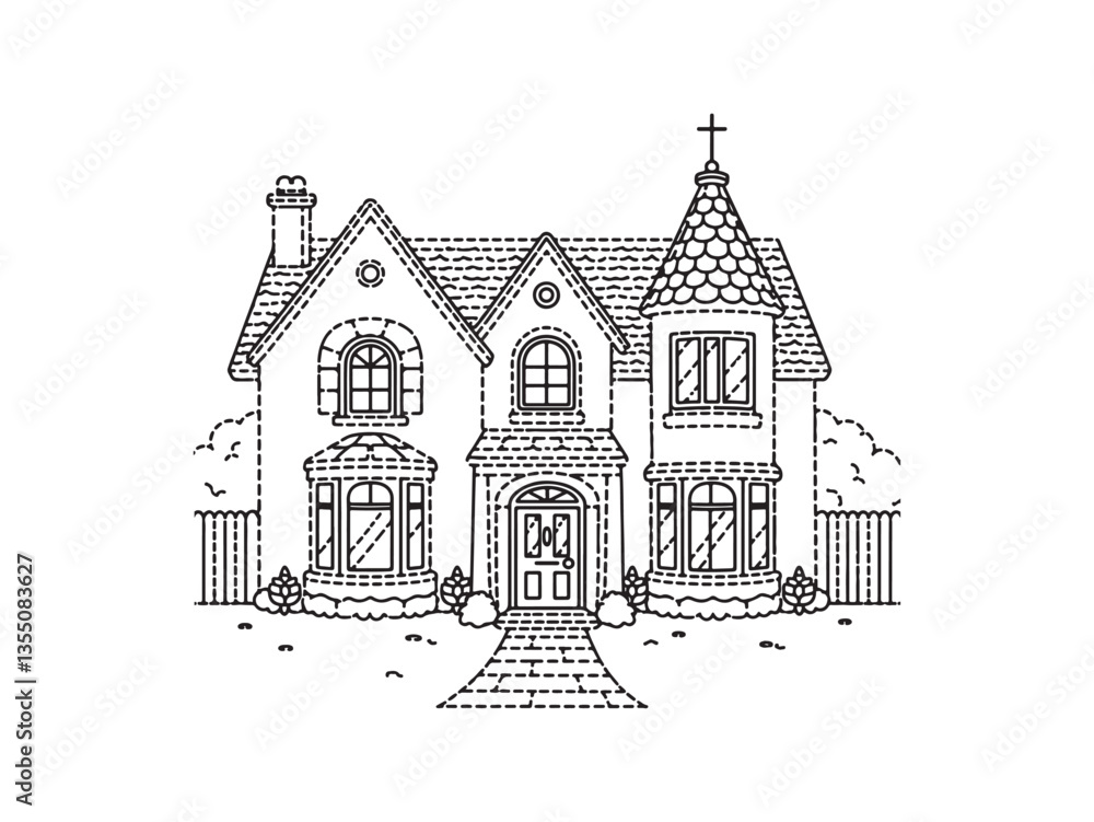 Sketch of a house icon with a simple design featuring a roof, windows, and a door, representing home and architecture in a clean vector style Sketch of a house icon with a simple design featuring a roof, windows, and a door, representing home and architecture in a clean vector style