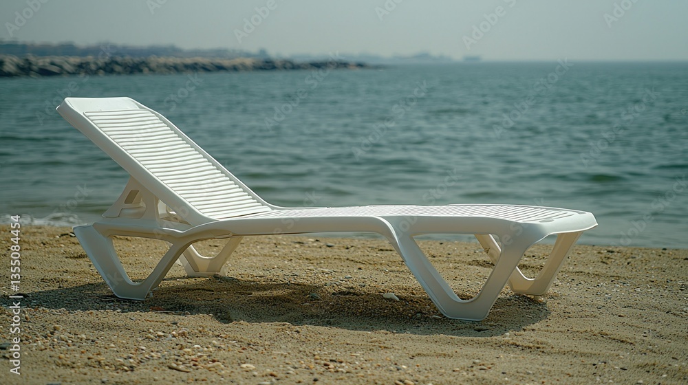 White beach lounger on sandy shore, calm sea background, summer vacation White beach lounger on sandy shore, calm sea background, summer vacation