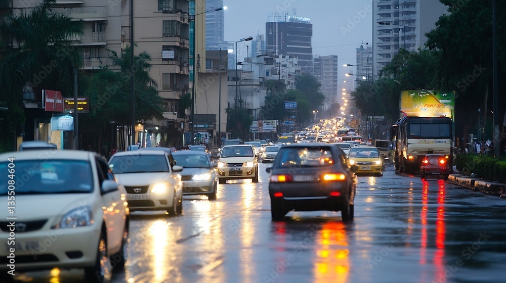 Naklejka premium Busy urban street scene during rainy weather with cars and buildings illuminated by city lights : Generative AI
