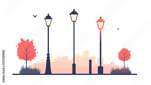 Modern illustration depicting street lamps amidst vibrant autumn trees in an urban landscape at dusk