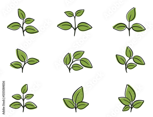 Green plant set. Spring, nature and planting design elements. Isolated vector images