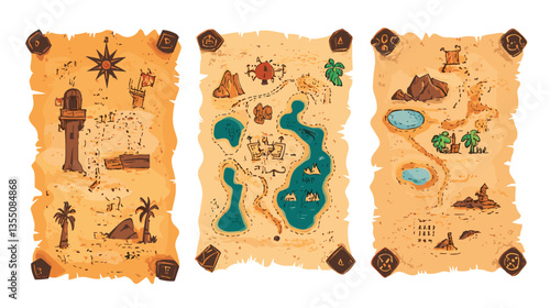 Exploring ancient treasure maps with landmarks, paths, and natural features in a colorful modern illustration style