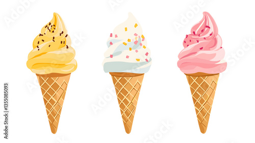 Colorful ice cream cones displayed in a modern illustration featuring different flavors and toppings at a dessert shop