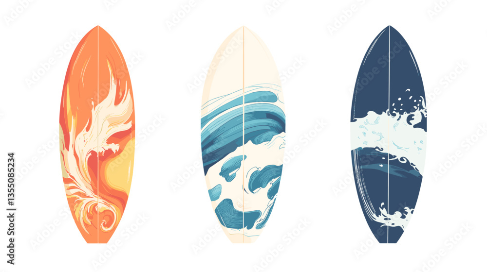 Modern illustration of a vibrant set of three distinctive surfboards showcasing dynamic ocean waves and abstract designs Modern illustration of a vibrant set of three distinctive surfboards showcasing dynamic ocean waves and abstract designs