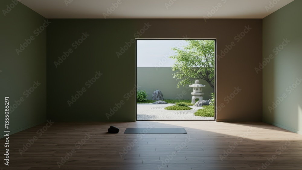 Obraz premium Yoga mat, meditation space, indoor zen garden. Serene interior showcasing calm zen garden, offering tranquil ambiance, relaxation, balance, mindfulness, well-being.