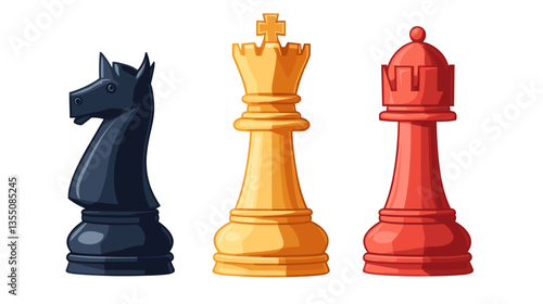 Modern illustration of chess pieces featuring a black knight and colorful kings displayed together in a creative arrangement