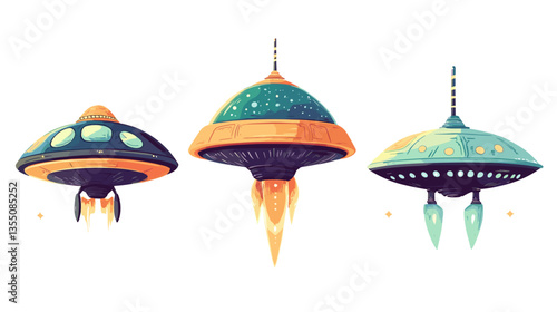 Exploration of futuristic spacecraft designs in vibrant colors and playful patterns in a modern illustration style