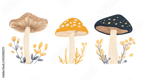Colorful mushroom illustration featuring three distinct fungi with floral details in a modern artistic style