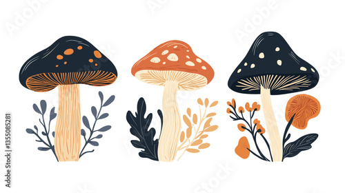 Mushroom illustration in modern style featuring three distinct mushrooms with vibrant colors and accompanying foliage