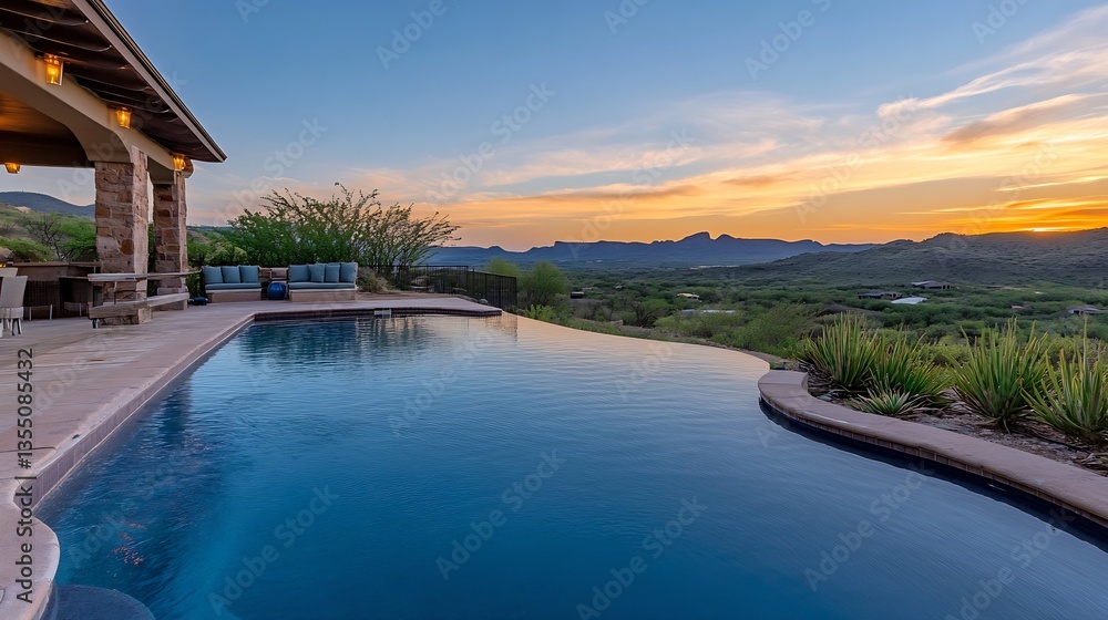Fototapeta premium Picturesque luxury pool view at sunset with mountains and nature surrounding the tranquil landscape : Generative AI