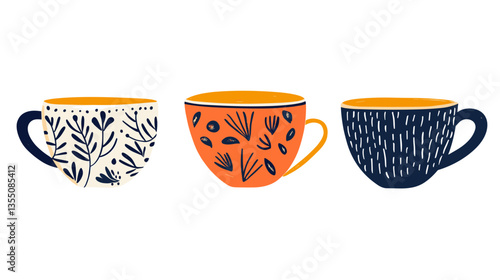 Set of modern illustrated mugs featuring floral and abstract patterns in vibrant colors