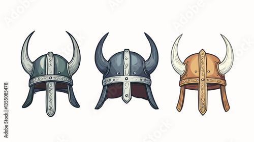 Unique modern illustration featuring a set of three distinct Viking helmets with horns and intricate designs