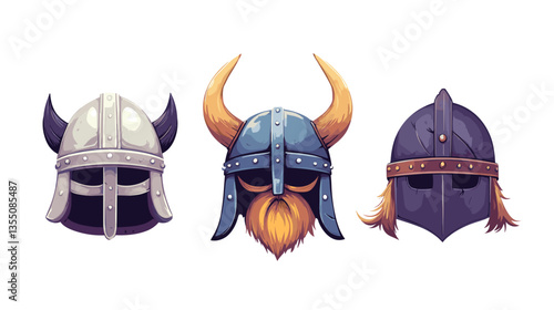 Unique collection of modern styled Viking helmets showcasing different designs and features in a captivating, artistic representation