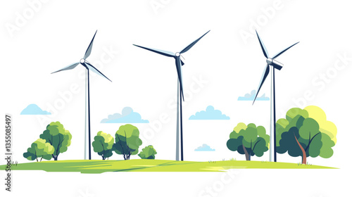 Modern illustration of wind turbines in a green landscape with trees and clouds during daytime
